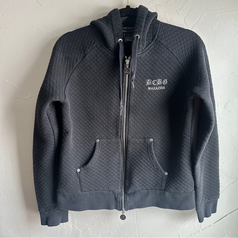 BCBG MaxAzria Quilted Zip Hoodie Y2K Logo Luxe Cyber‎ Streetwear Dark Sz L